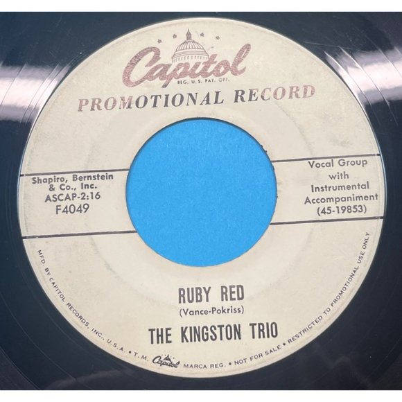 The Kingston Trio Tom Dooley Ruby Red 45 Country Promo Capitol F4049 - Picture 2 of 4